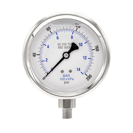 Gauge,4,0/200psi,1/4LM,SS,LF